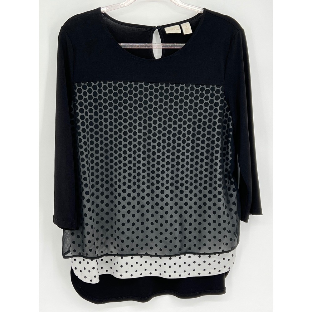 Chico's‎ Women's Black Polka Dot Chiffon Overlay 3/4 Sleeve Knit Top Size 1